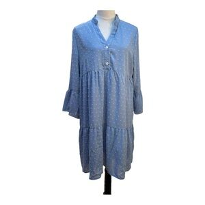 Skue Light Blue Textured Tiered Midi Dress‎ Bell Sleeve Button V Neck Women XL